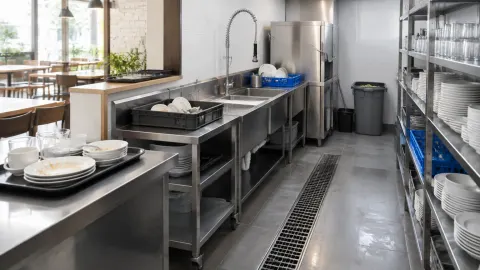 Area cuci dapur restoran dengan meja baja dan rak piring