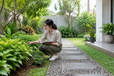 Penghuni memeriksa tanaman di tepi jalur taman