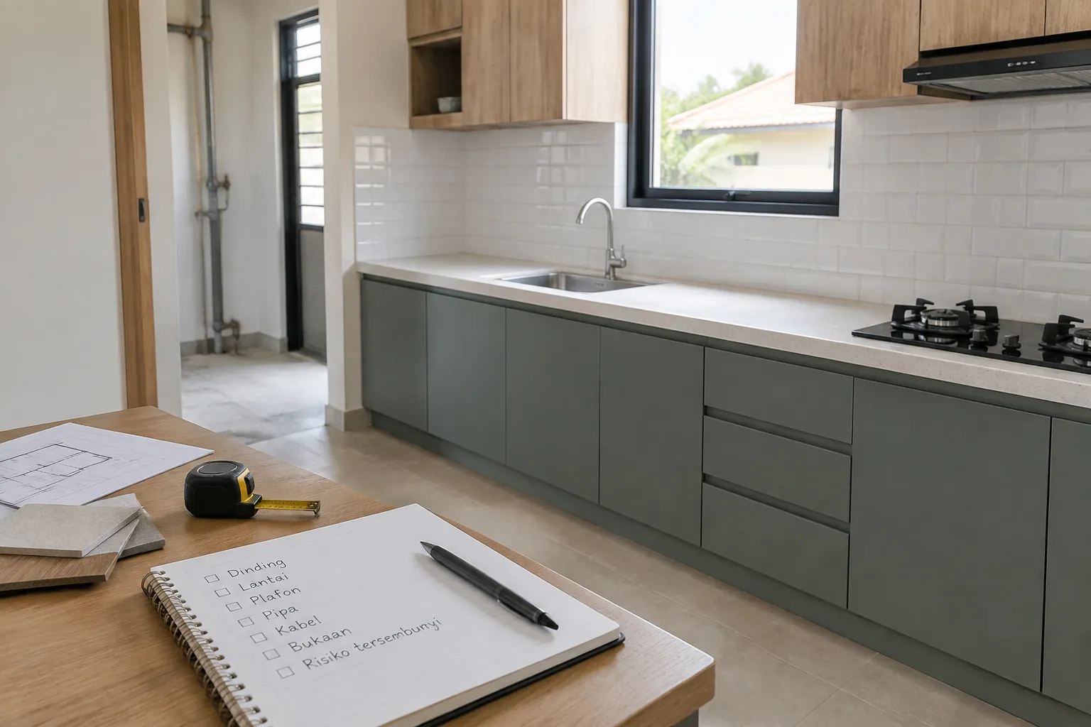 Kabinet dapur dengan buku catatan pemeriksaan di meja depan