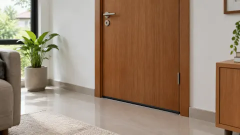 Pintu kayu tertutup di antara ruang keluarga dan ruang lain