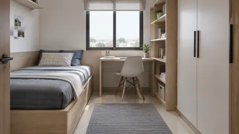 Kamar remaja kecil dengan tempat tidur, meja, dan lemari