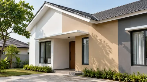 Rumah satu lantai dengan fasad krem dan atap miring
