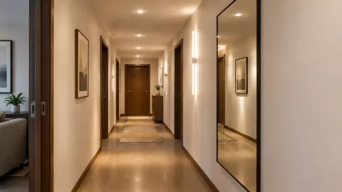 Koridor rumah tanpa jendela dengan beberapa lampu plafon