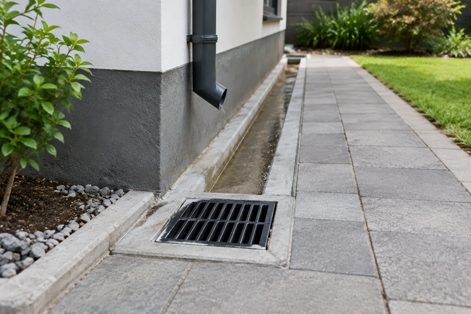 Saluran drainase di sisi jalur dekat dinding rumah