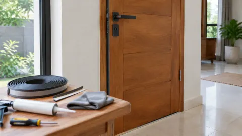 Pintu kayu tertutup dengan bahan gulungan di atas meja dekatnya