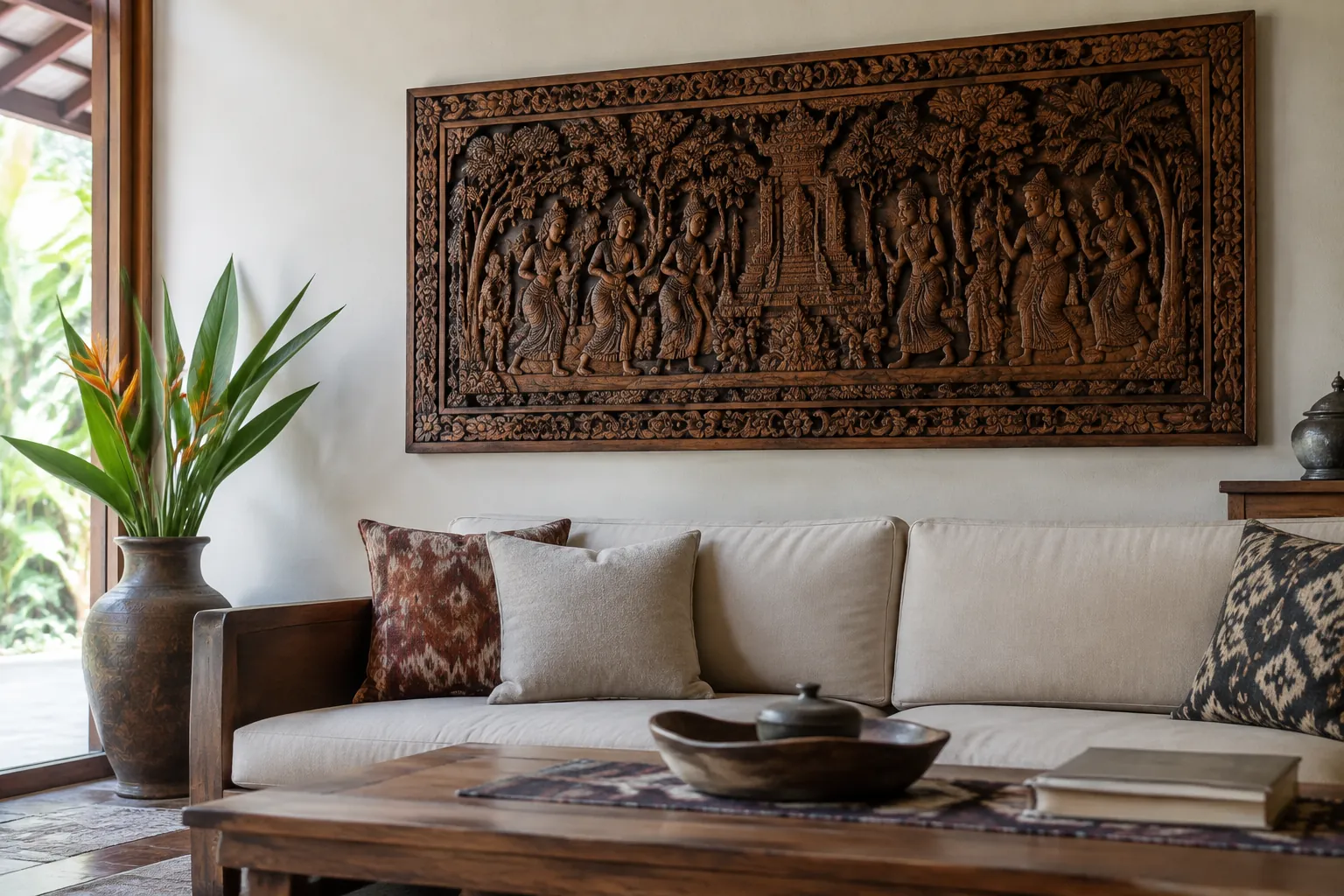 Panel ukiran kayu besar di belakang sofa