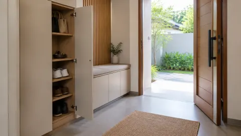 Lemari simpan tersembunyi dan bangku di foyer dekat pintu masuk
