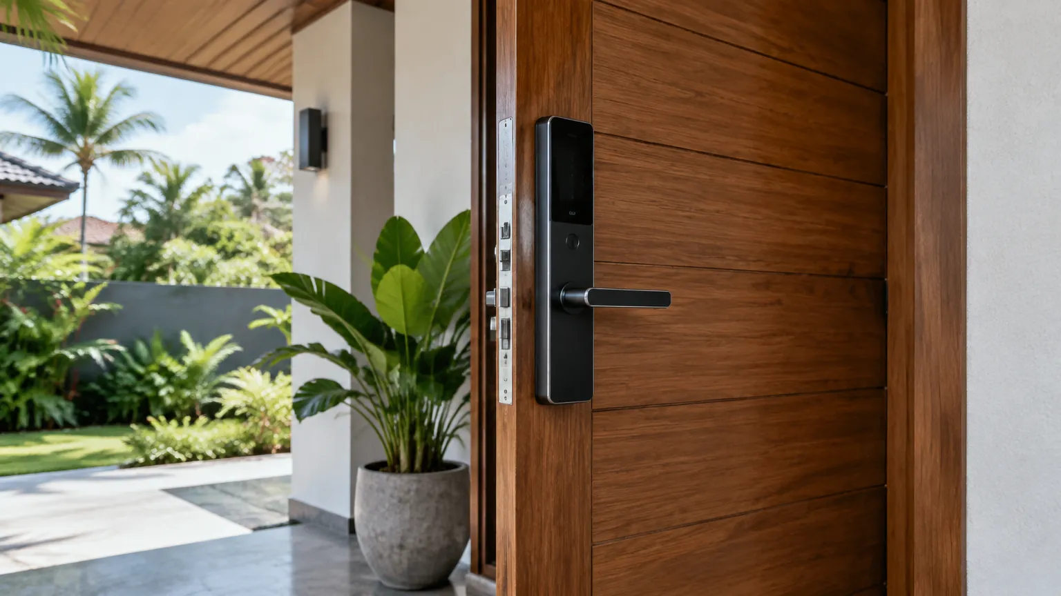 Pintu kayu rumah dengan perangkat kunci elektronik berwarna hitam