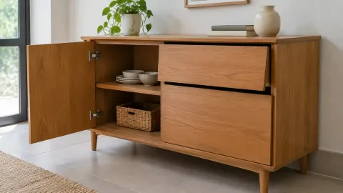 Kabinet kayu dengan pintu dan laci terbuka