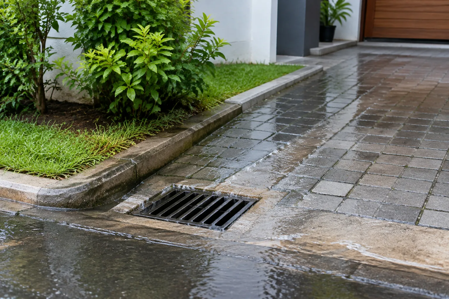 Air mengalir di halaman rumah menuju inlet drainase