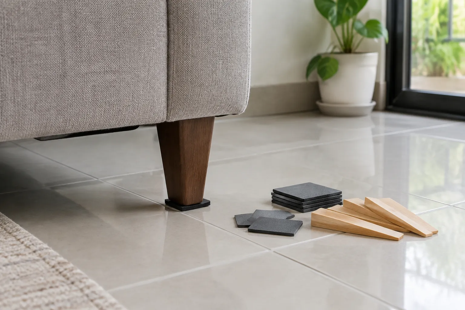 Kaki sofa di atas lantai dengan pengganjal sementara