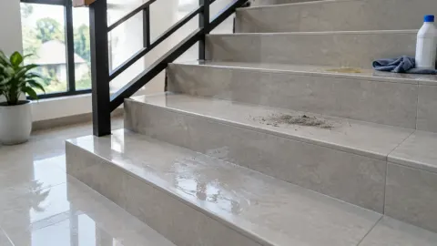 Anak tangga batu terlihat basah dekat railing