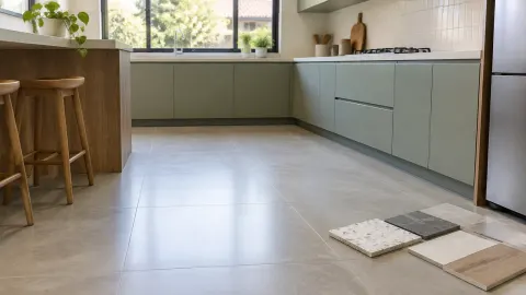 Lantai dapur dengan beberapa contoh bahan dekat kabinet