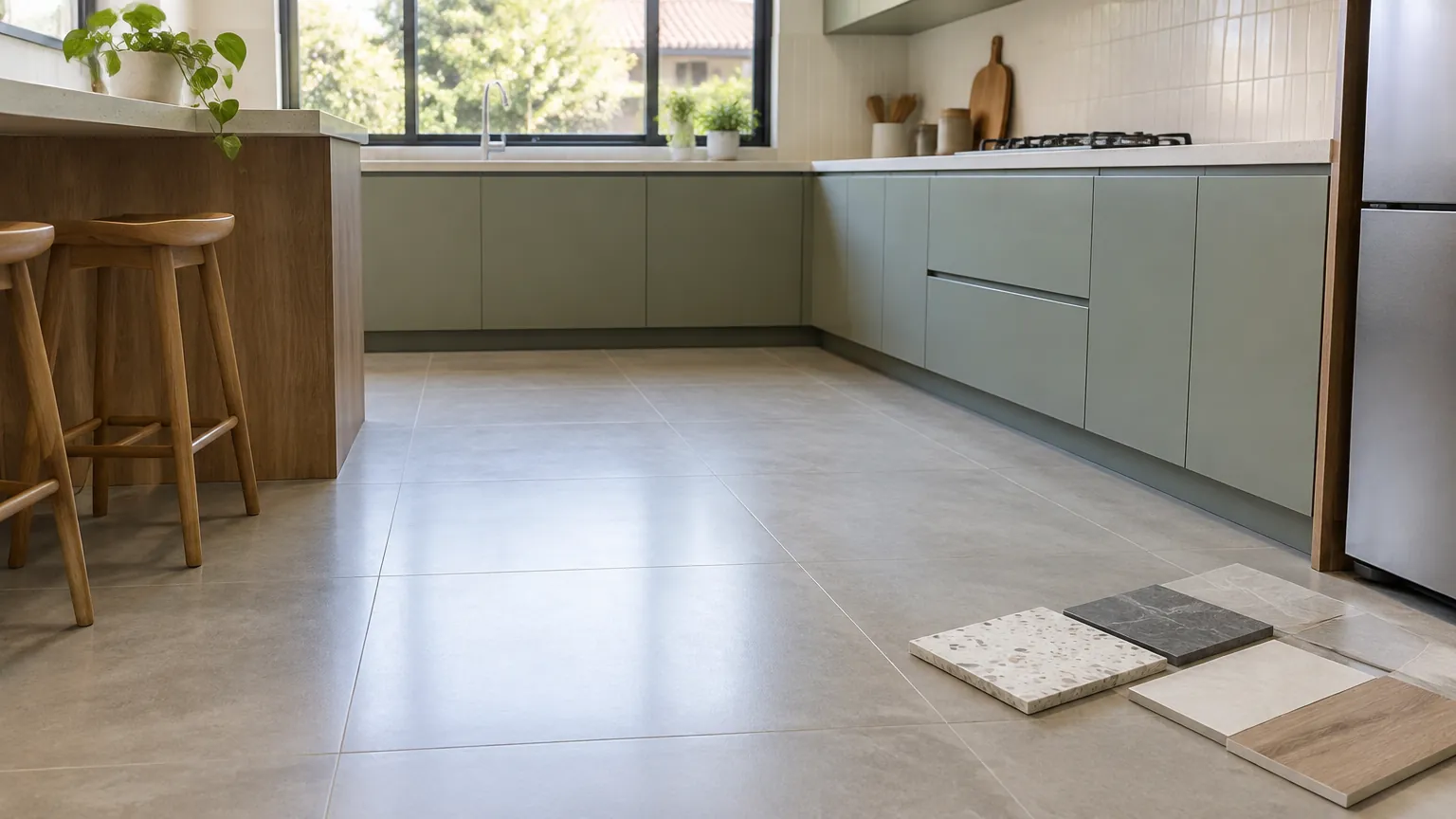 Lantai dapur dengan beberapa contoh bahan dekat kabinet