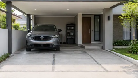 Mobil abu-abu di salah satu sisi carport dengan jalur menuju pintu
