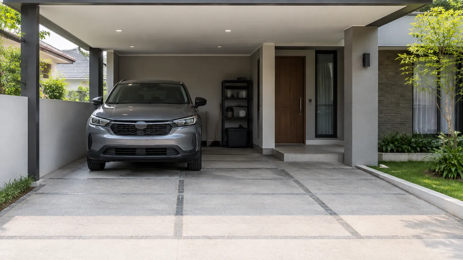 Mobil abu-abu di salah satu sisi carport dengan jalur menuju pintu