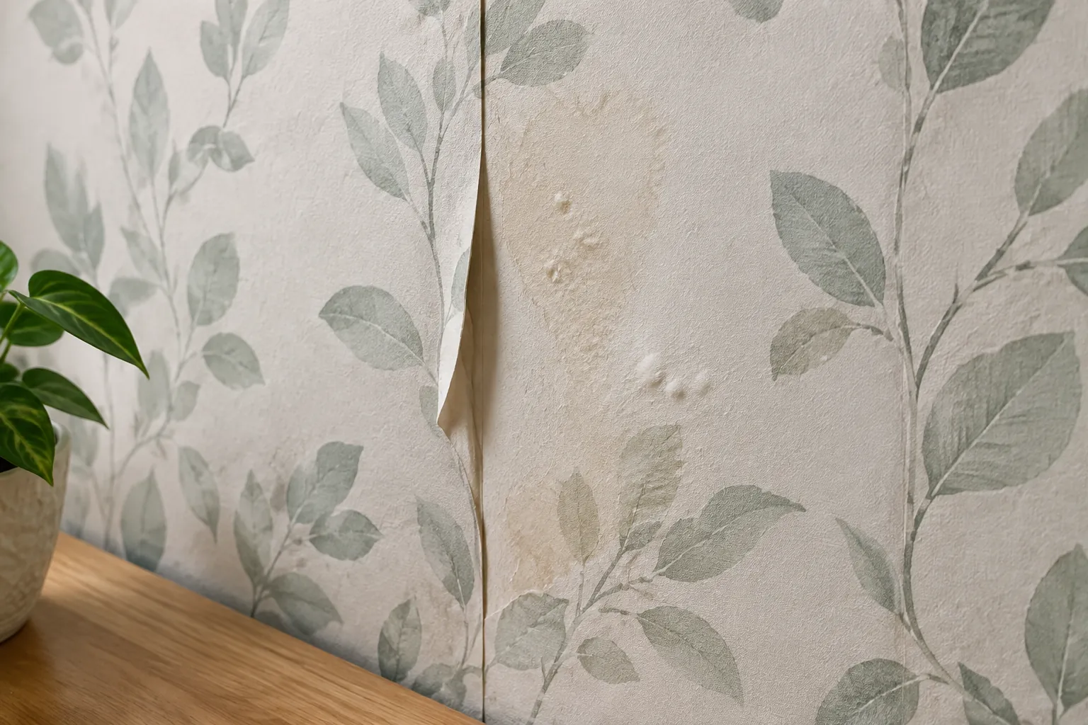 Wallpaper bermotif daun menggelembung pada sambungan