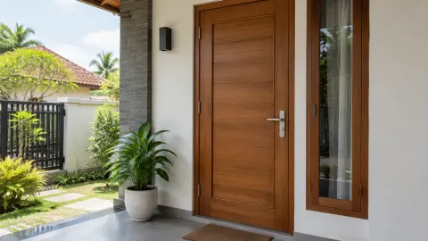 Pintu depan kayu dengan kamera dan buku catatan di meja