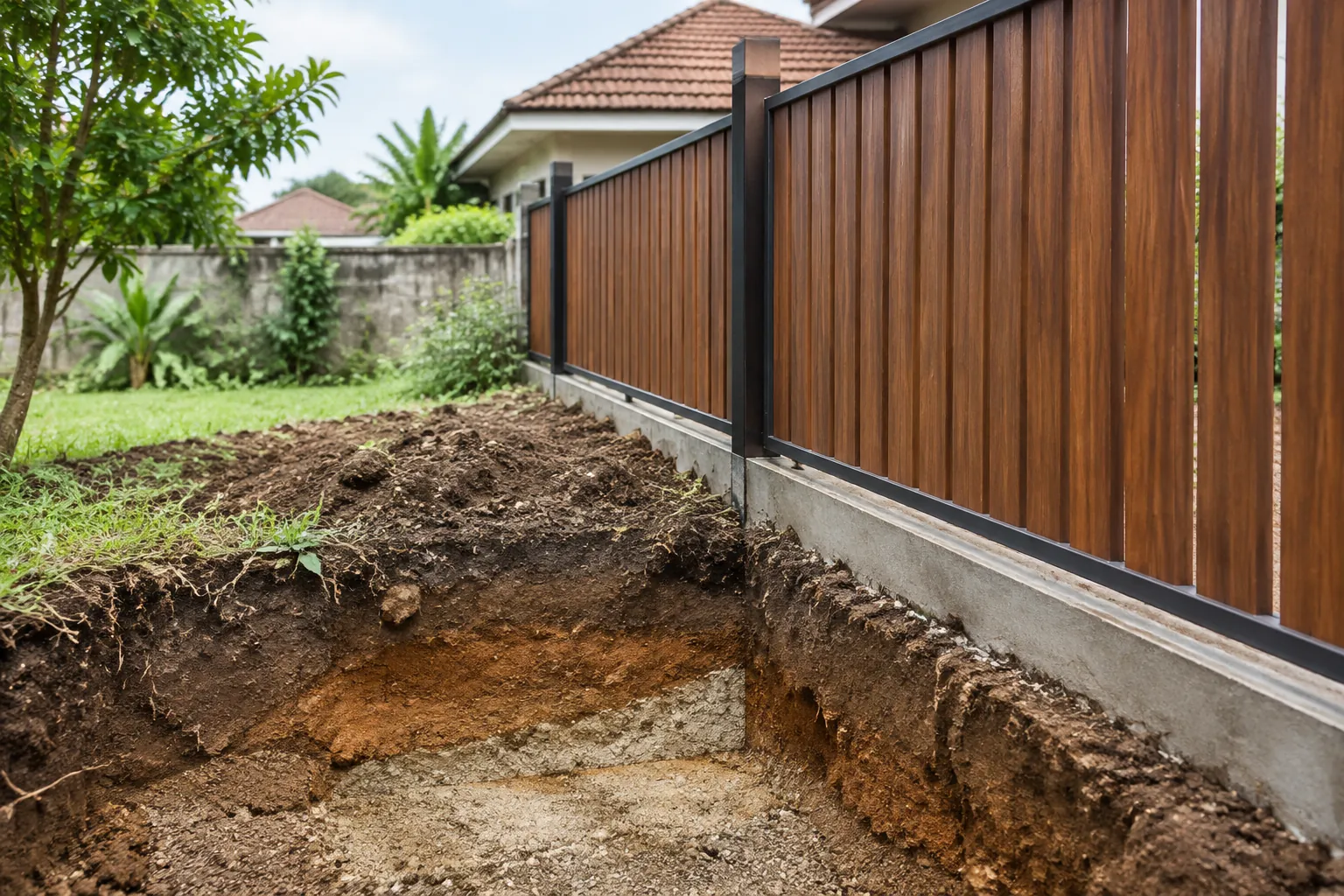 Galian tanah berada di sepanjang pagar kayu rumah