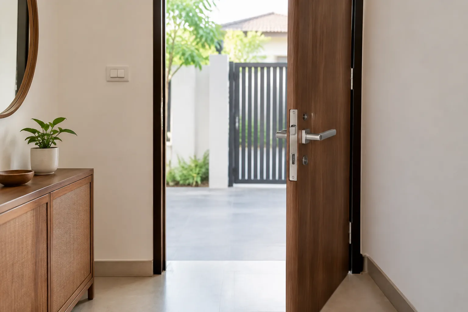 Pintu masuk terbuka dengan jalur menuju area luar