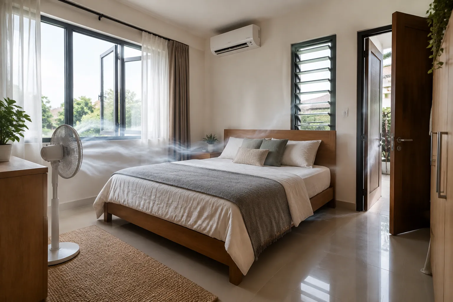 Kipas berdiri ditempatkan dekat jendela kamar tidur