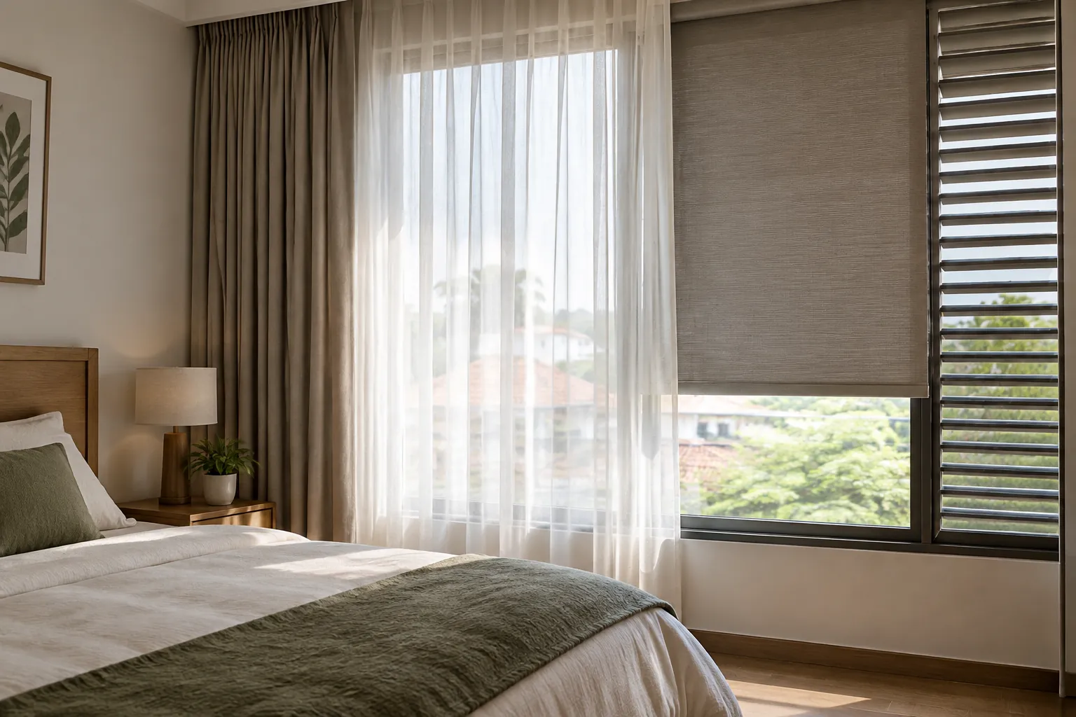 Kamar tidur dengan tirai tipis dan penutup jendela gulung