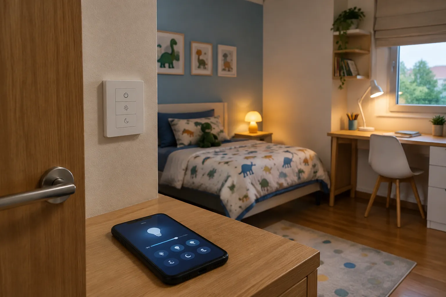 Kamar anak dengan panel kontrol dan perangkat di atas meja