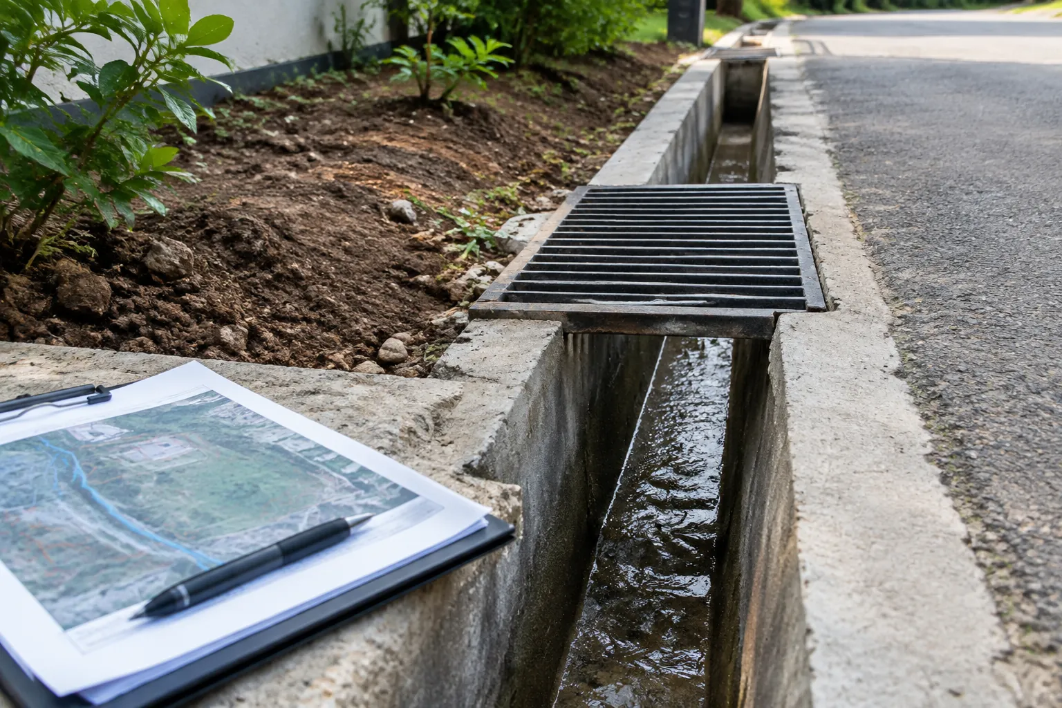 Saluran drainase terbuka dengan kisi dan berkas rencana di dekatnya