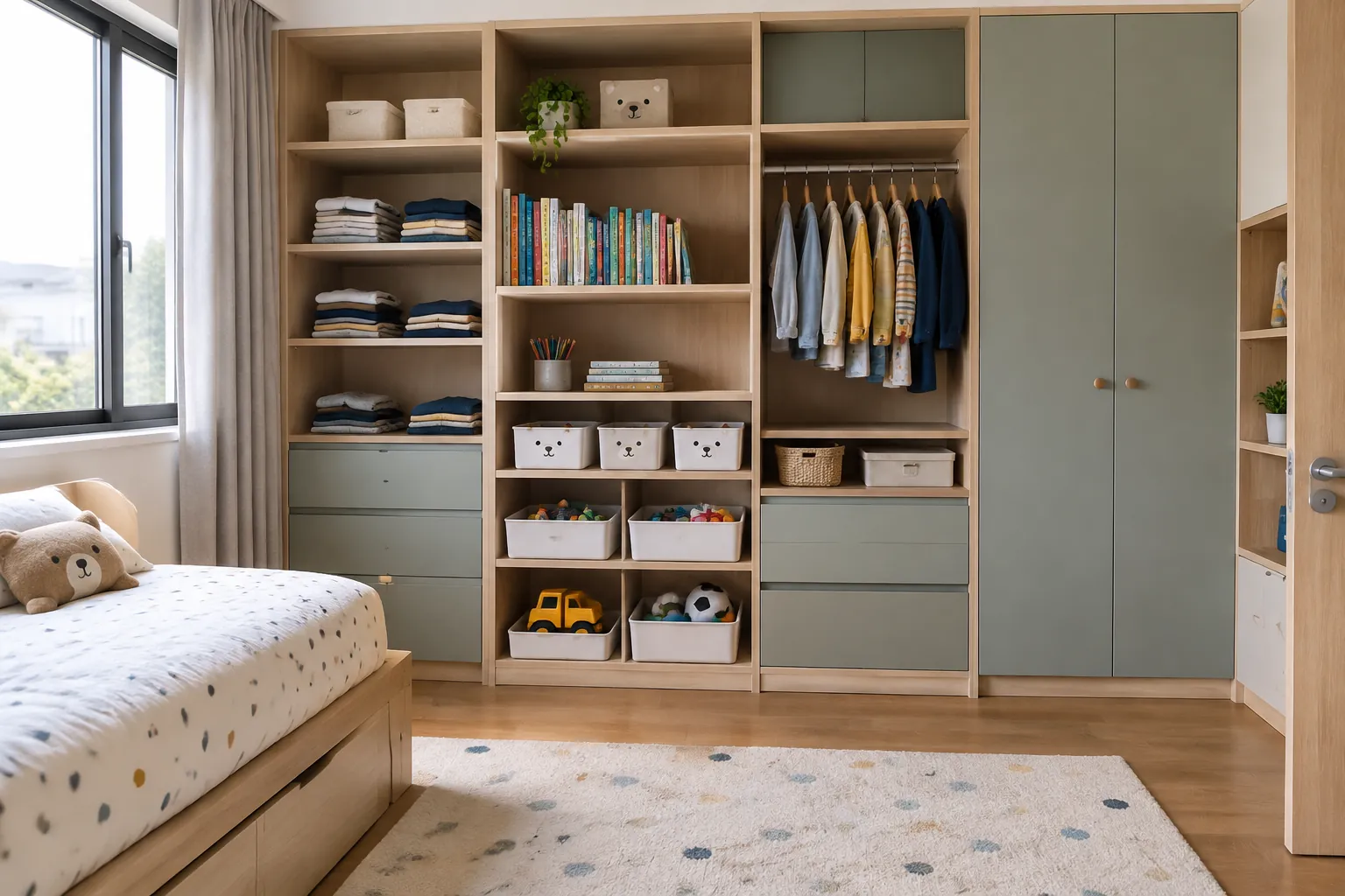 Lemari kamar anak dibagi menjadi rak buku, ruang gantung, dan kabinet tertutup