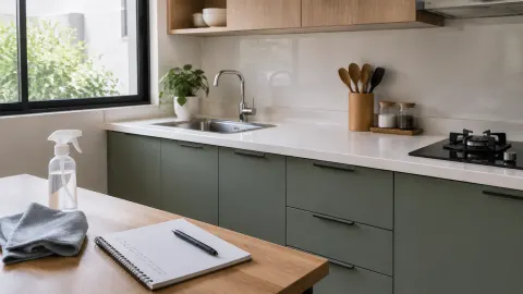 Kitchen set dengan meja kerja dan kabinet hijau