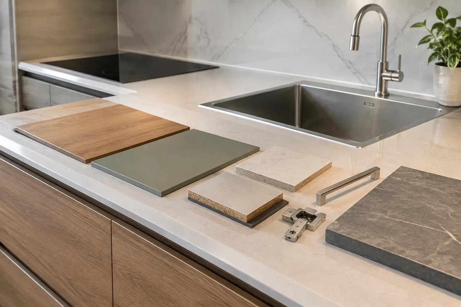 Sampel panel dan lapisan finishing diletakkan di meja dapur