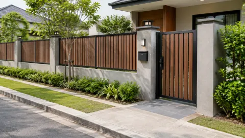 Pagar kayu dan gerbang depan rumah di tepi jalan