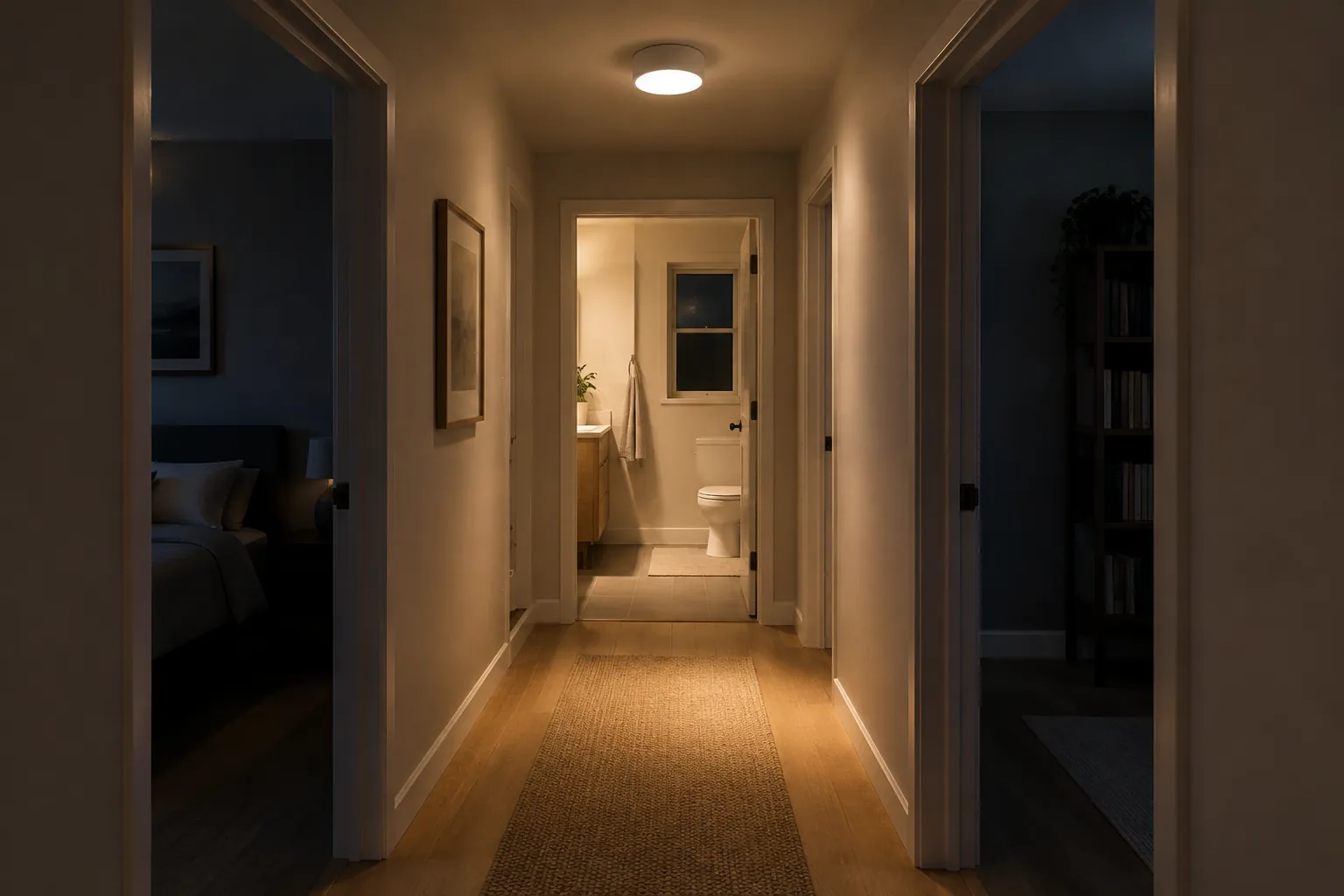 Lorong rumah diterangi lampu plafon