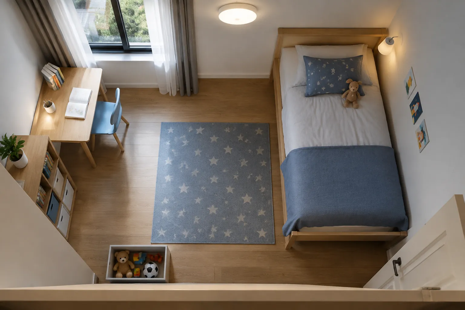 Kamar anak dilihat dari atas dengan meja dan tempat tidur