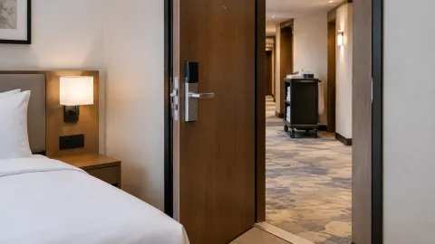 Pintu kamar hotel membuka ke koridor dengan troli di kejauhan