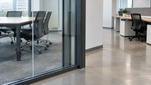 Partisi kaca memisahkan ruang rapat dan jalur kantor