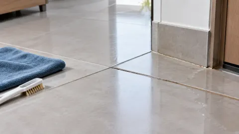 Lantai keramik berwarna terang dengan kain pembersih di dekat pintu