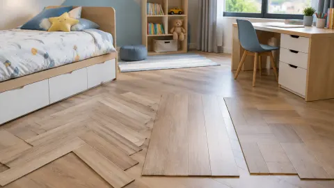 Kamar anak dengan papan lantai contoh di depan meja belajar