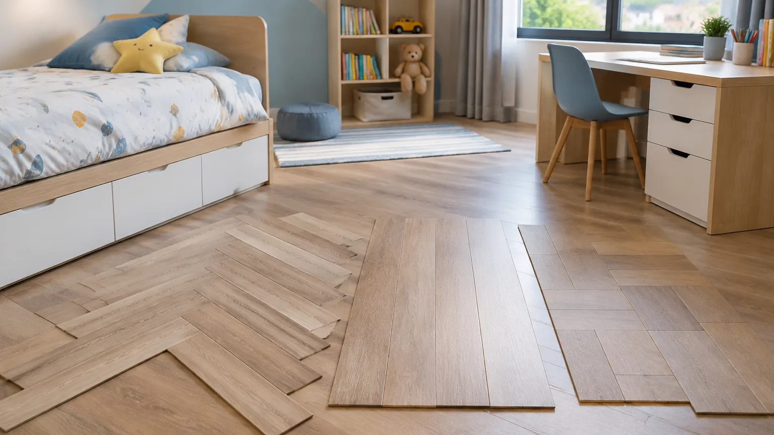 Kamar anak dengan papan lantai contoh di depan meja belajar