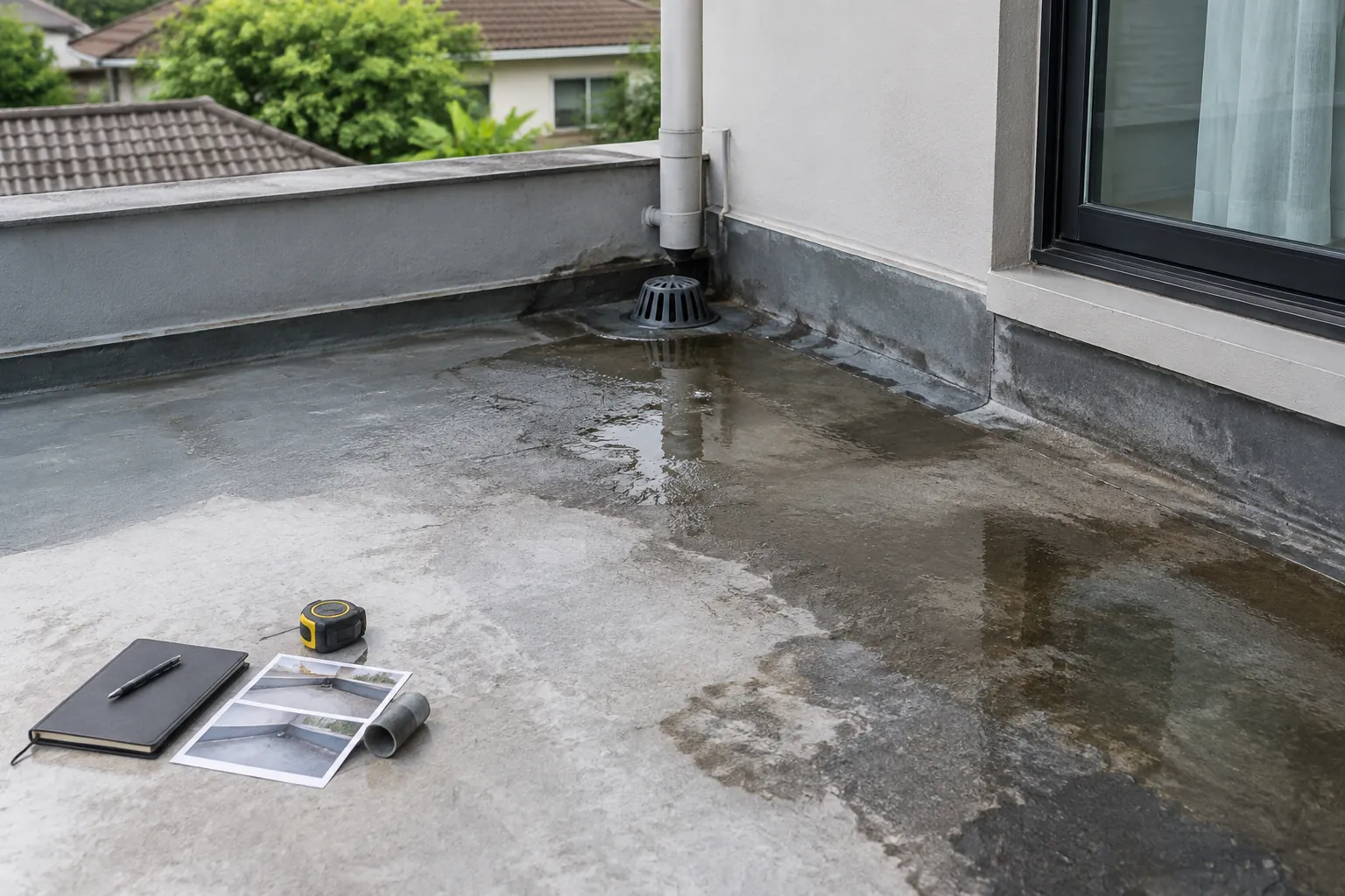 Lapisan waterproofing lama di teras menunjukkan genangan dan bagian yang aus