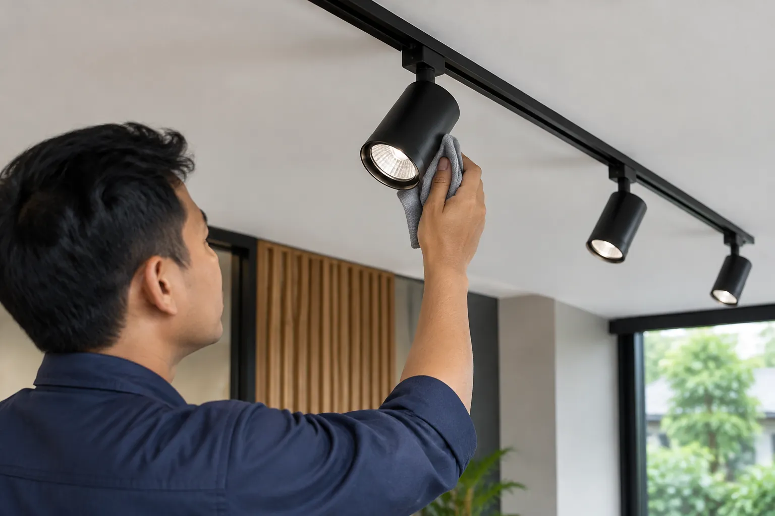 Seseorang memeriksa lampu pada rel plafon