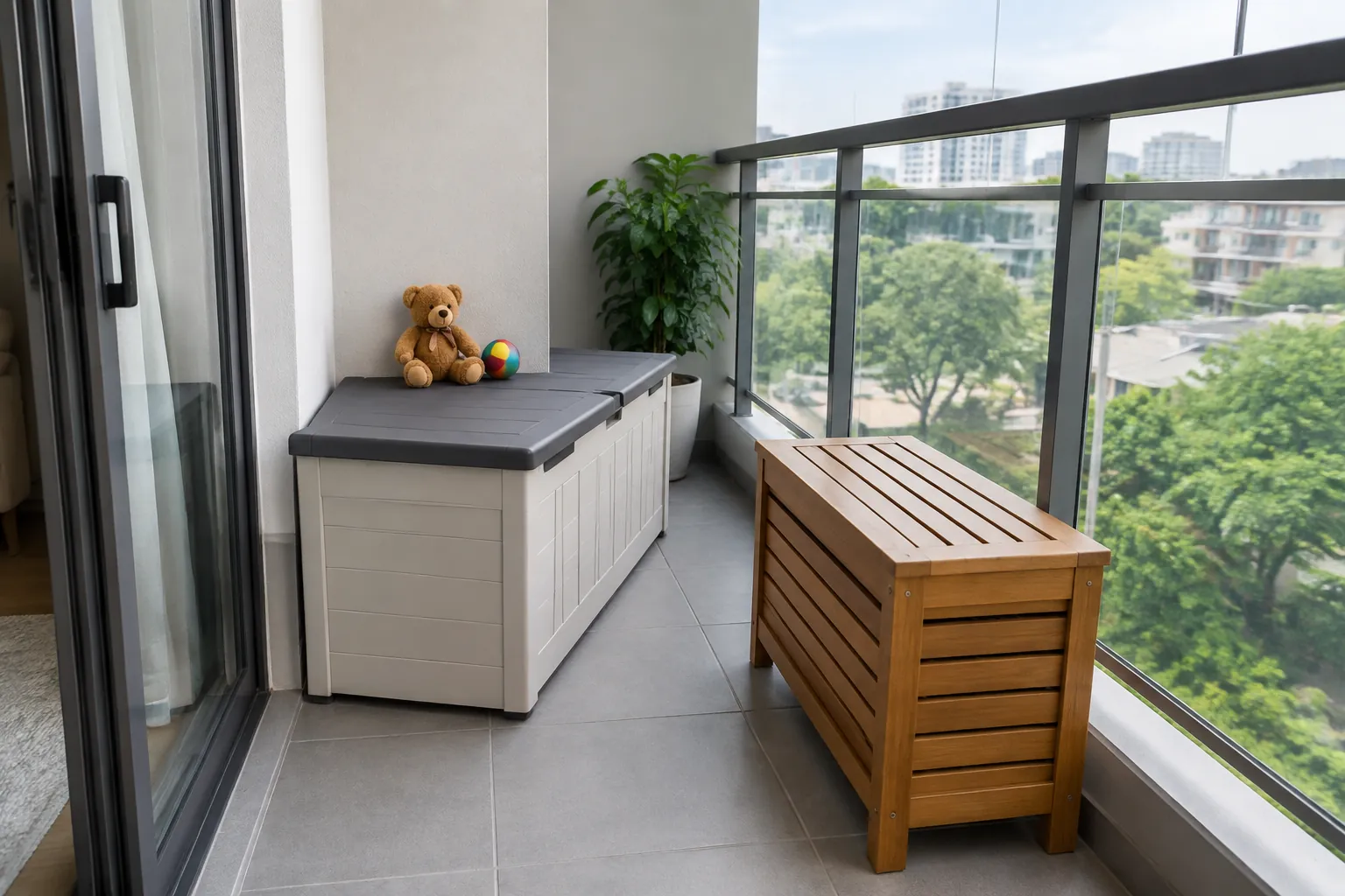 Kotak penyimpanan dan bangku kecil ditempatkan di balkon