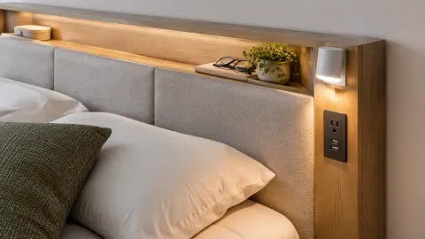 Headboard berlapis kain dengan rak dan lampu