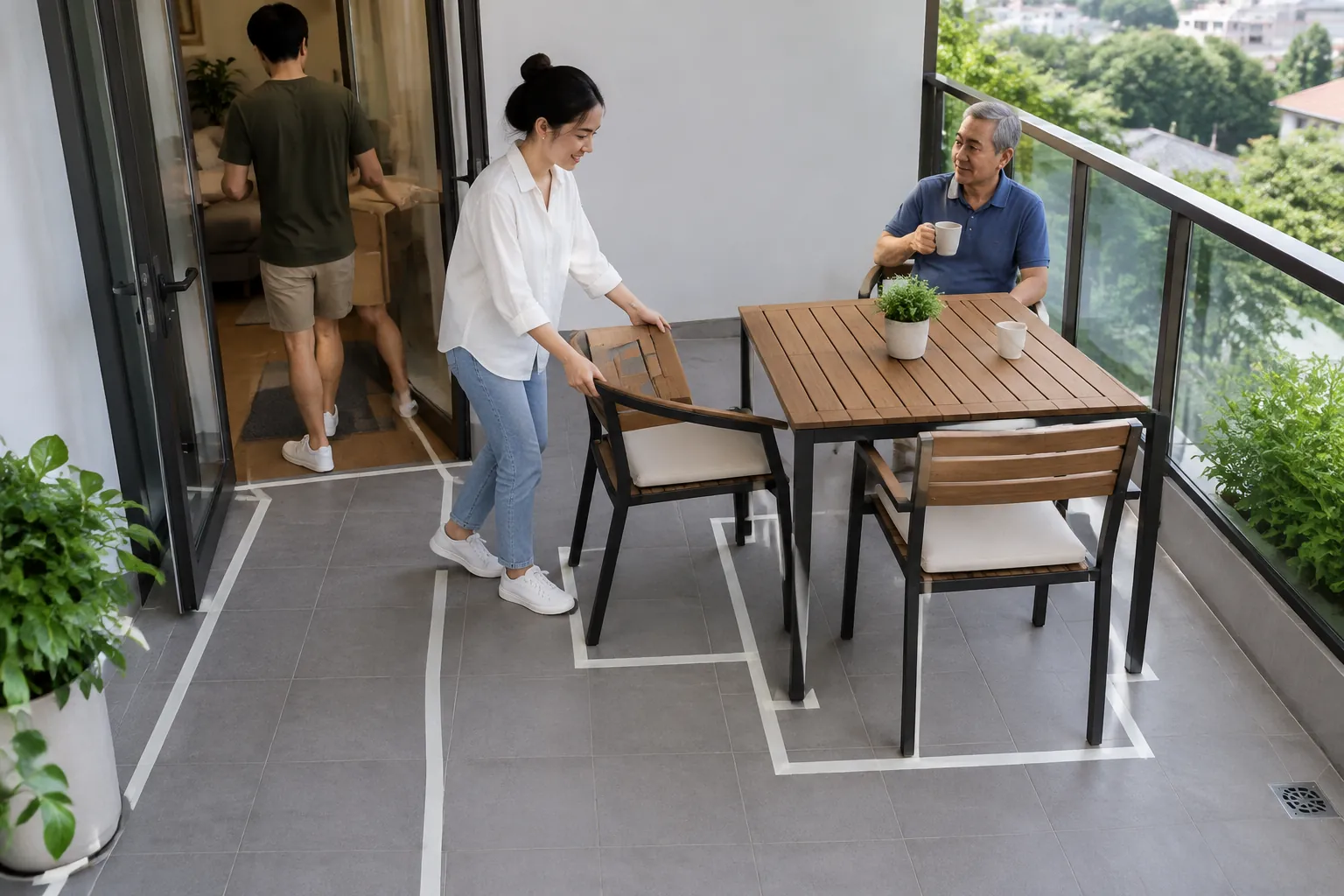 Penghuni menata kursi di sekeliling meja balkon