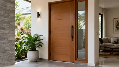 Pintu masuk kayu dengan panel kaca samping dan tanaman di teras