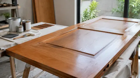 Daun pintu kayu diletakkan di atas meja kerja untuk finishing