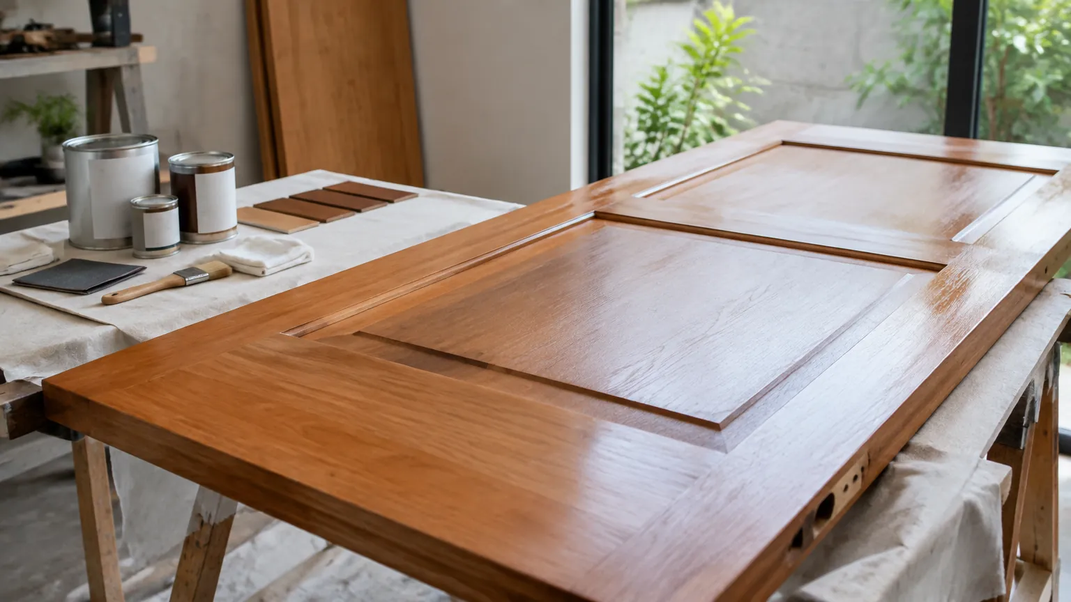 Daun pintu kayu diletakkan di atas meja kerja untuk finishing