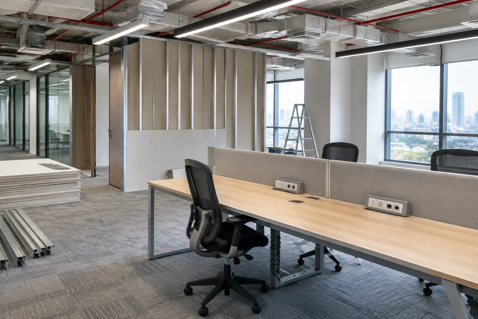 Ruang kantor dalam pemasangan sekat dan meja kerja
