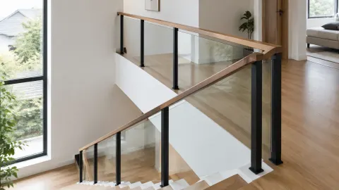 Railing kaca dengan pegangan kayu pada tangga rumah