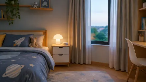 Kamar anak dengan lampu meja dan tirai di dekat tempat tidur
